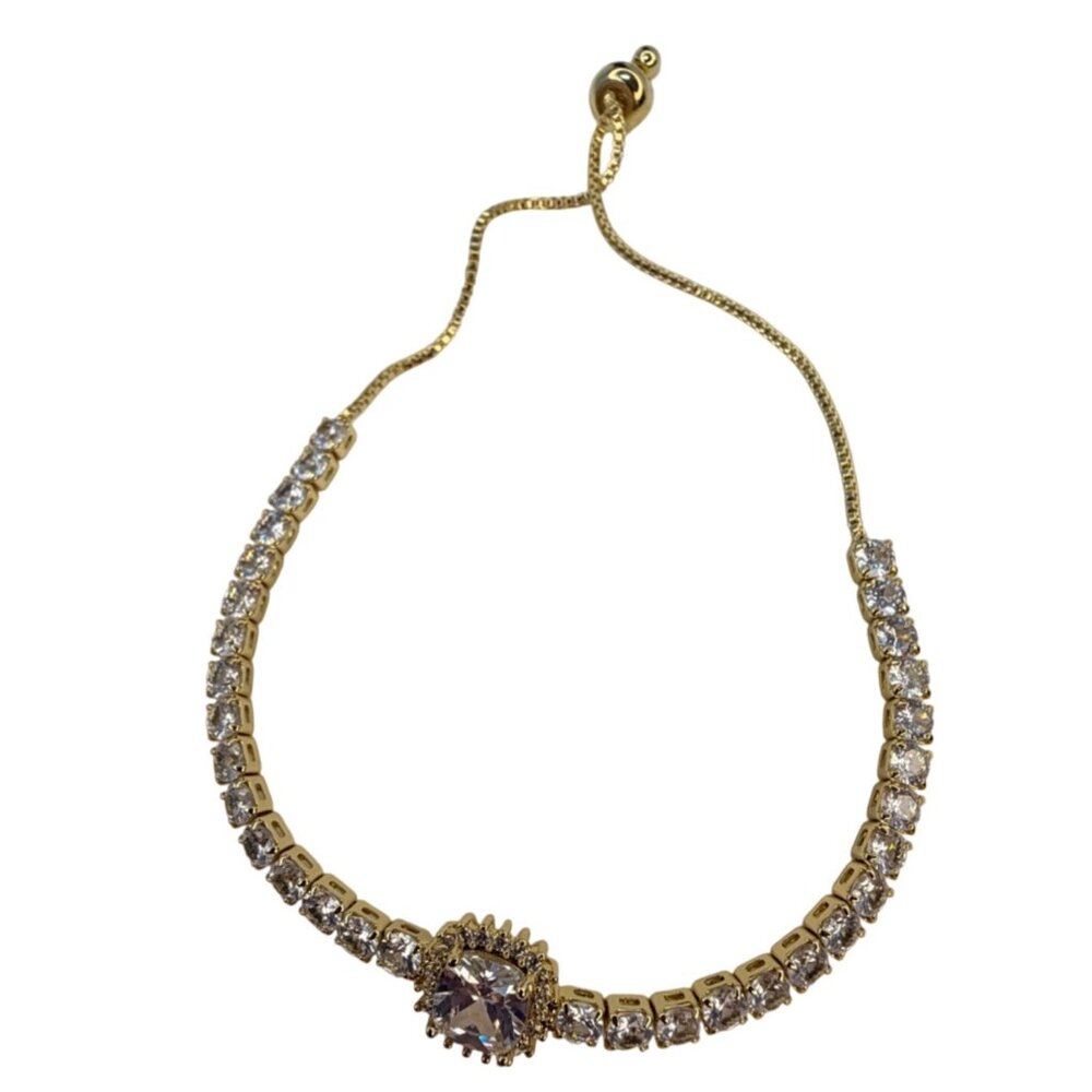 Vintage Swarovski Crystal Tennis Bracelet Halo Center Gold Overlay Slider - Picture 6 of 9
